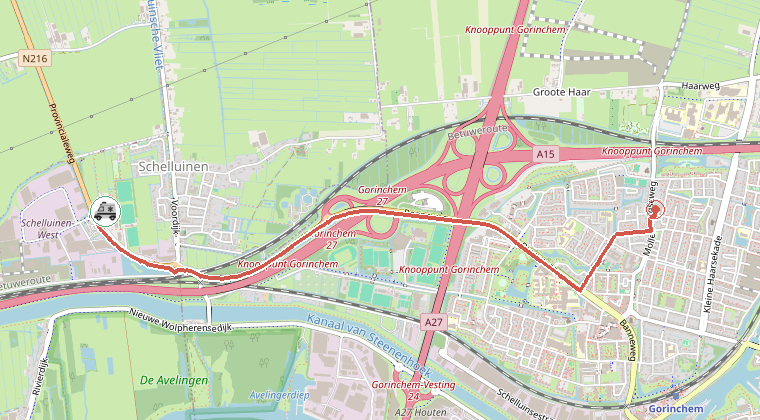 Kaart van de omgeving van de melding, met de kazerne die is gealarmeerd