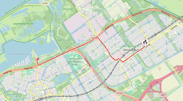 Kaart van de omgeving van de melding, met de kazerne die is gealarmeerd