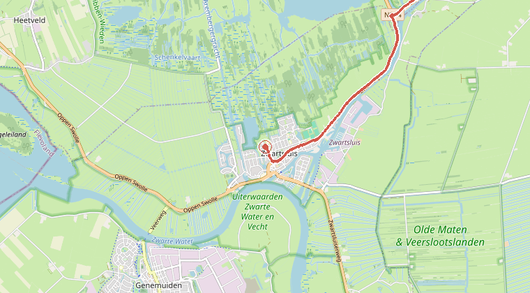 Kaart van de omgeving van de melding, met de kazerne die is gealarmeerd