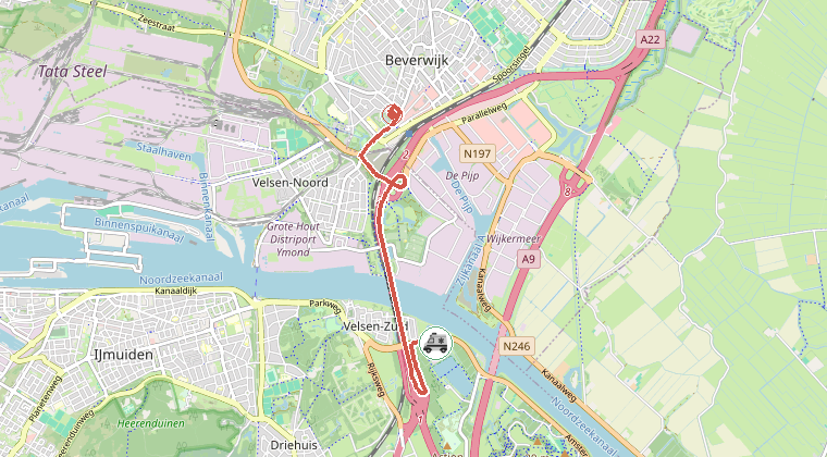 Kaart van de omgeving van de melding, met de kazerne die is gealarmeerd