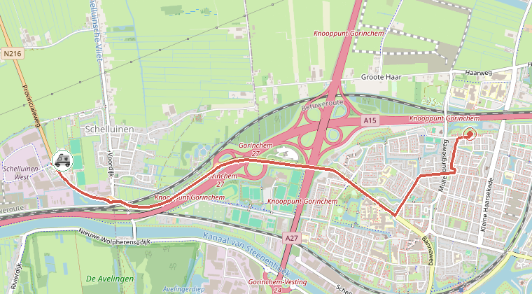 Kaart van de omgeving van de melding, met de kazerne die is gealarmeerd