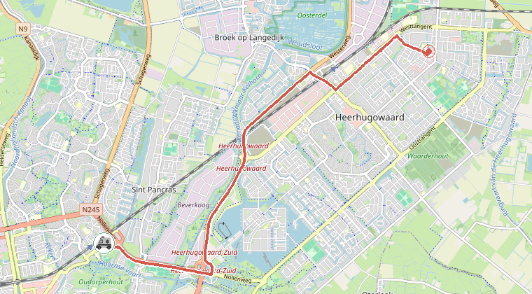 Kaart van de omgeving van de melding, met de kazerne die is gealarmeerd