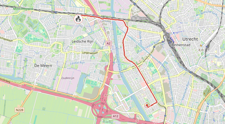 Kaart van de omgeving van de melding, met de kazerne die is gealarmeerd