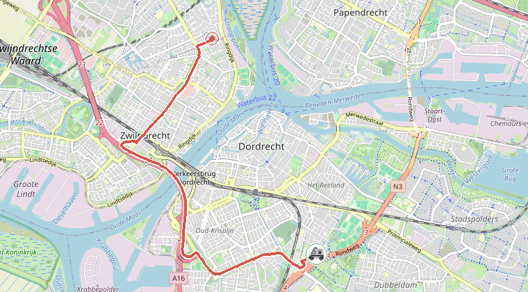 Kaart van de omgeving van de melding, met de kazerne die is gealarmeerd