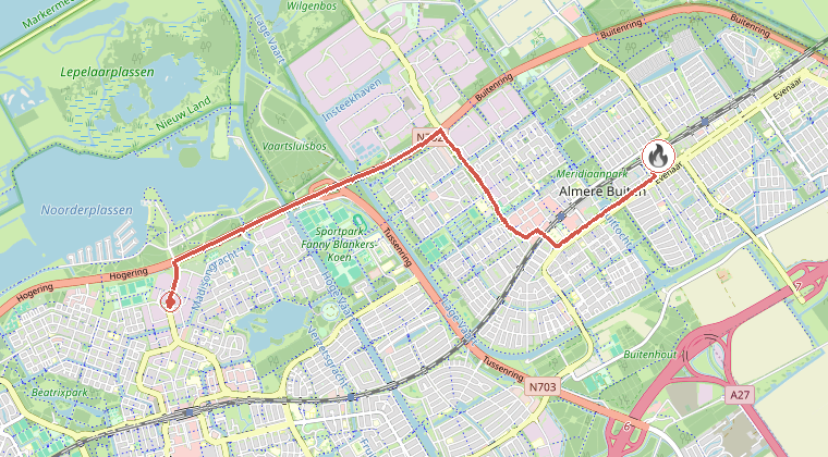 Kaart van de omgeving van de melding, met de kazerne die is gealarmeerd