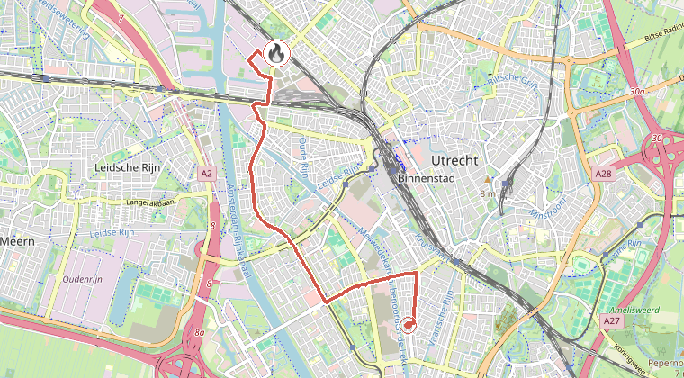 Kaart van de omgeving van de melding, met de kazerne die is gealarmeerd