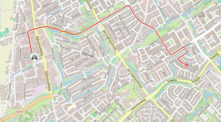 Kaart van de omgeving van de melding, met de kazerne die is gealarmeerd