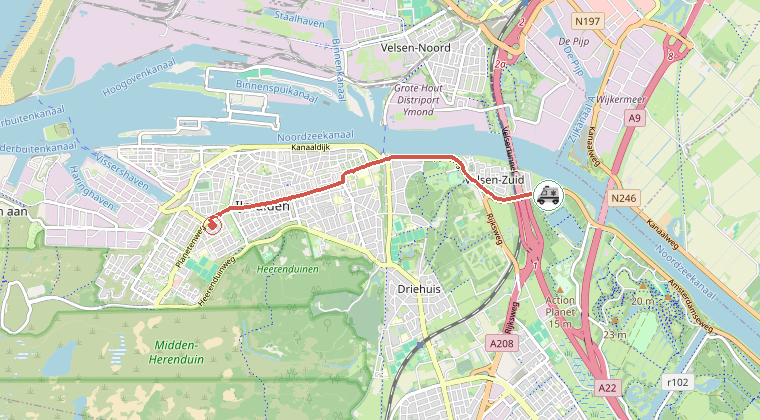 Kaart van de omgeving van de melding, met de kazerne die is gealarmeerd