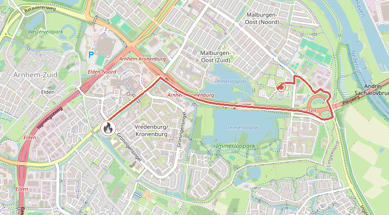 Kaart van de omgeving van de melding, met de kazerne die is gealarmeerd