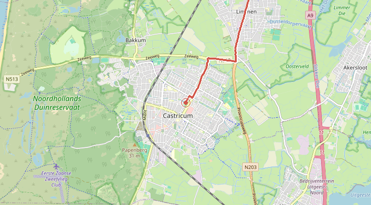 Kaart van de omgeving van de melding, met de kazerne die is gealarmeerd