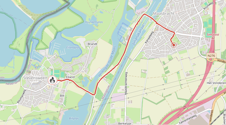 Kaart van de omgeving van de melding, met de kazerne die is gealarmeerd