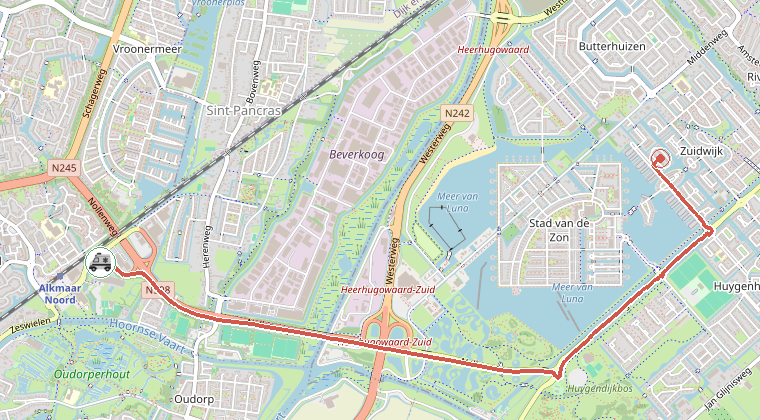 Kaart van de omgeving van de melding, met de kazerne die is gealarmeerd