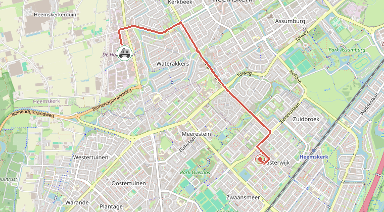 Kaart van de omgeving van de melding, met de kazerne die is gealarmeerd