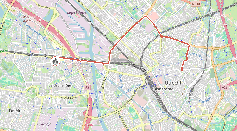 Kaart van de omgeving van de melding, met de kazerne die is gealarmeerd