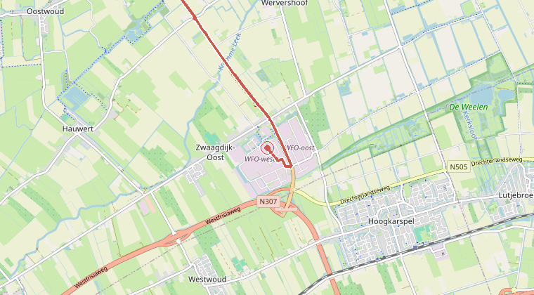 Kaart van de omgeving van de melding, met de kazerne die is gealarmeerd