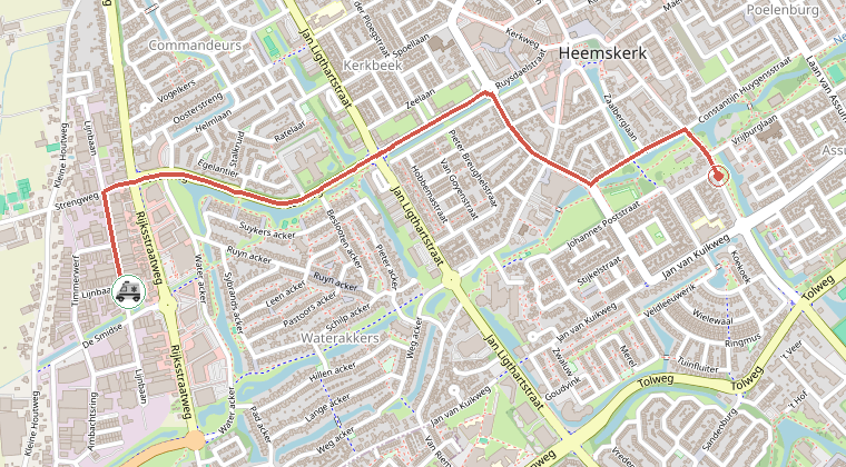 Kaart van de omgeving van de melding, met de kazerne die is gealarmeerd