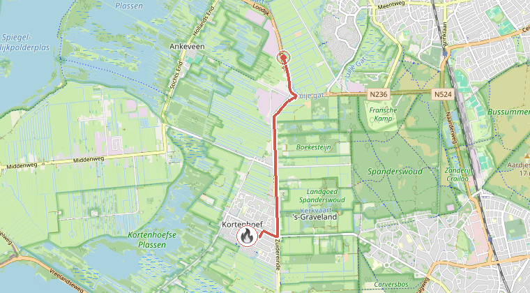 Kaart van de omgeving van de melding, met de kazerne die is gealarmeerd