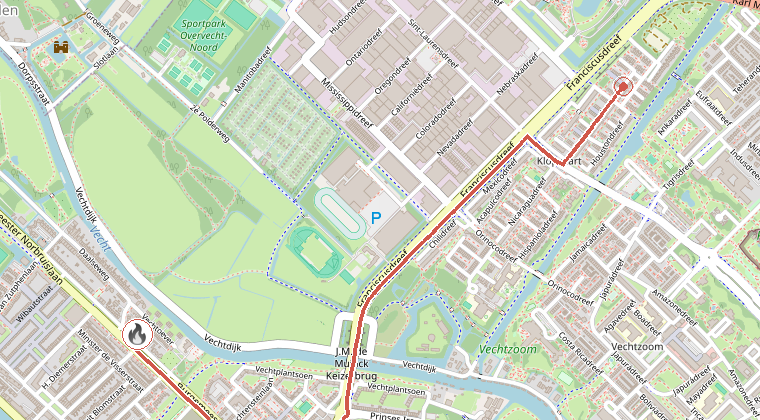 Kaart van de omgeving van de melding, met de kazerne die is gealarmeerd