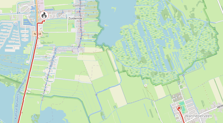 Kaart van de omgeving van de melding, met de kazerne die is gealarmeerd