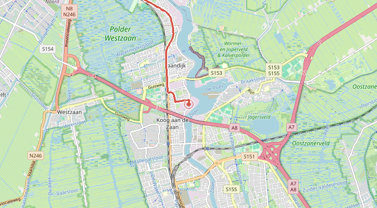 Kaart van de omgeving van de melding, met de kazerne die is gealarmeerd