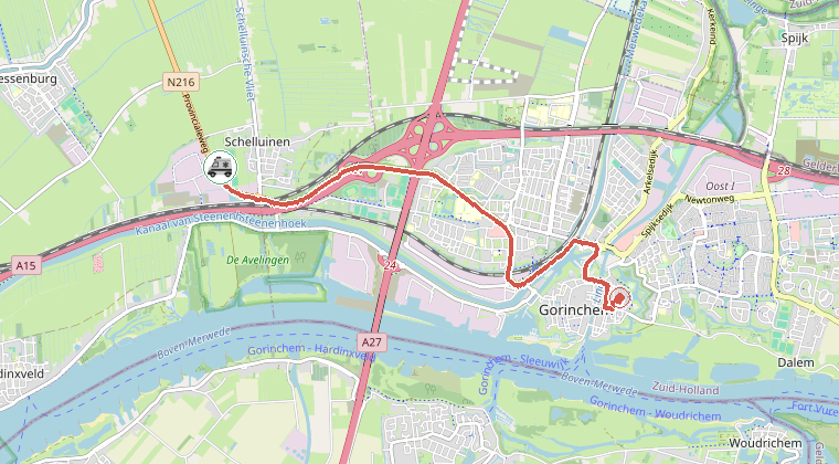 Kaart van de omgeving van de melding, met de kazerne die is gealarmeerd