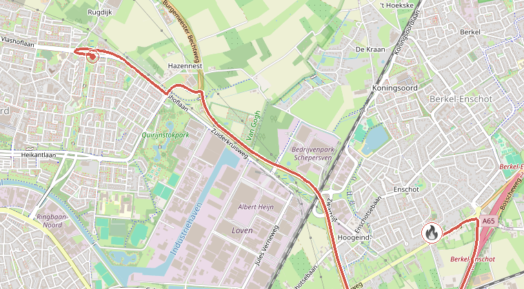Kaart van de omgeving van de melding, met de kazerne die is gealarmeerd