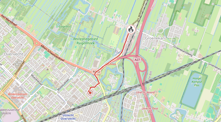 Kaart van de omgeving van de melding, met de kazerne die is gealarmeerd