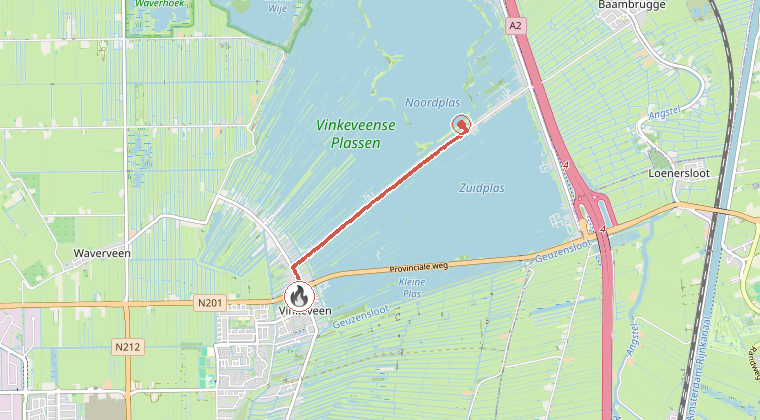 Kaart van de omgeving van de melding, met de kazerne die is gealarmeerd
