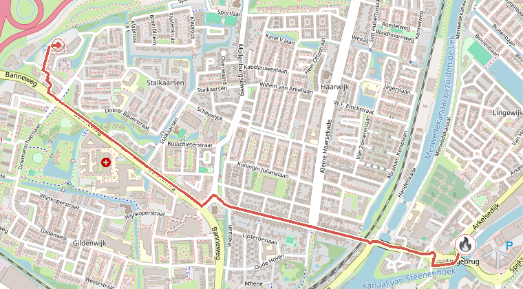 Kaart van de omgeving van de melding, met de kazerne die is gealarmeerd