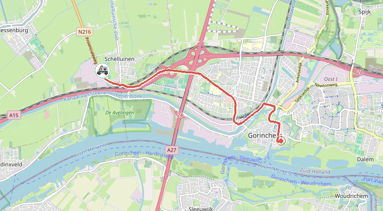 Kaart van de omgeving van de melding, met de kazerne die is gealarmeerd