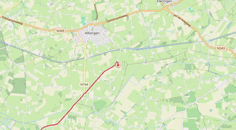 Kaart van de omgeving van de melding, met de kazerne die is gealarmeerd