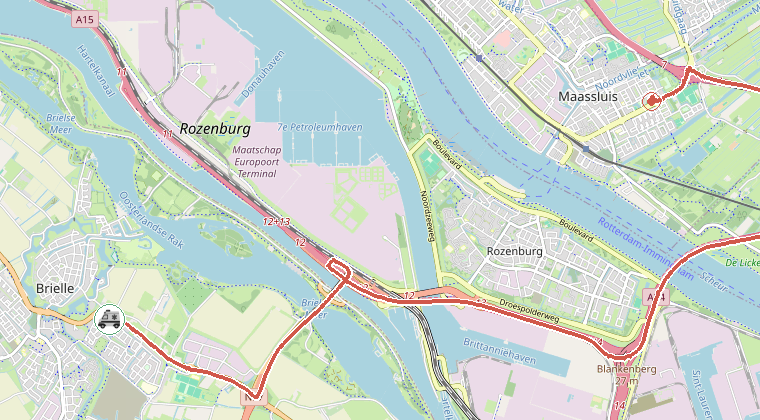 Kaart van de omgeving van de melding, met de kazerne die is gealarmeerd