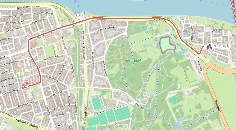 Kaart van de omgeving van de melding, met de kazerne die is gealarmeerd