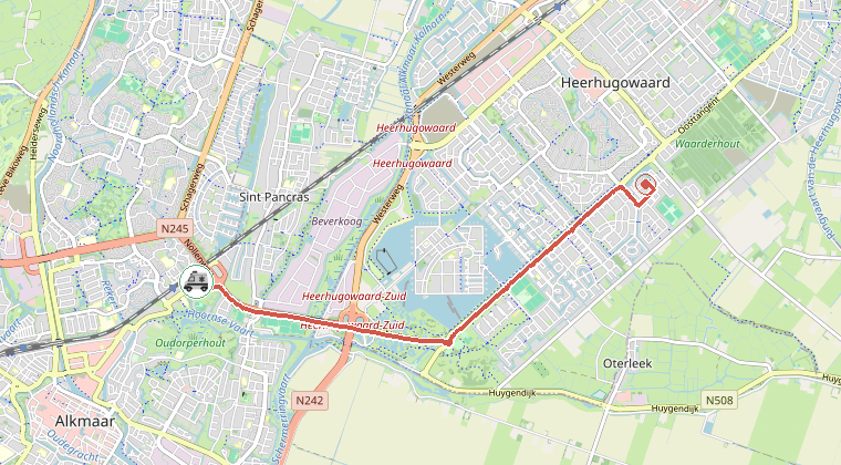 Kaart van de omgeving van de melding, met de kazerne die is gealarmeerd