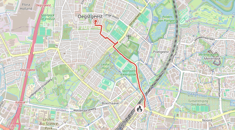 Kaart van de omgeving van de melding, met de kazerne die is gealarmeerd