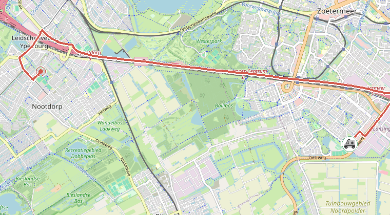 Kaart van de omgeving van de melding, met de kazerne die is gealarmeerd