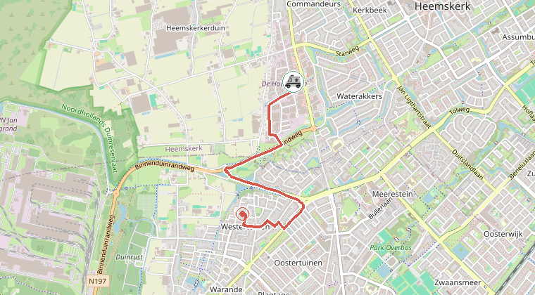 Kaart van de omgeving van de melding, met de kazerne die is gealarmeerd
