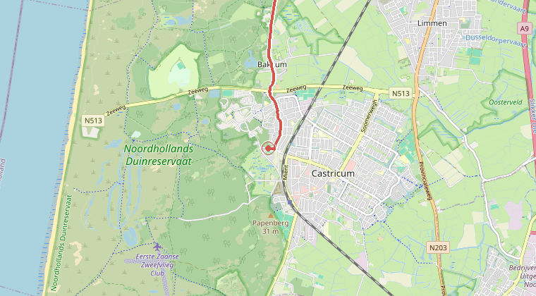 Kaart van de omgeving van de melding, met de kazerne die is gealarmeerd