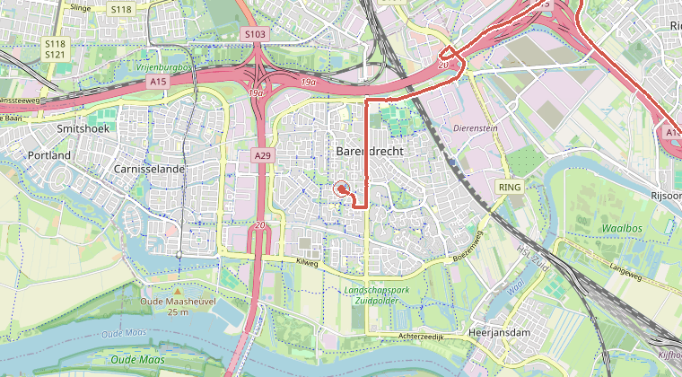 Kaart van de omgeving van de melding, met de kazerne die is gealarmeerd