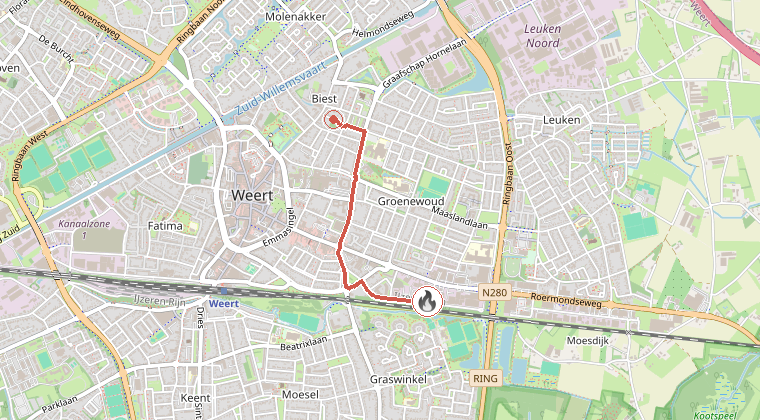 Kaart van de omgeving van de melding, met de kazerne die is gealarmeerd