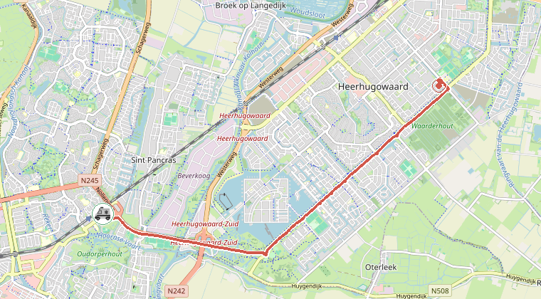 Kaart van de omgeving van de melding, met de kazerne die is gealarmeerd