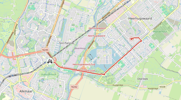 Kaart van de omgeving van de melding, met de kazerne die is gealarmeerd