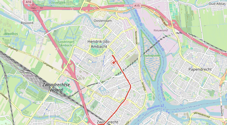 Kaart van de omgeving van de melding, met de kazerne die is gealarmeerd