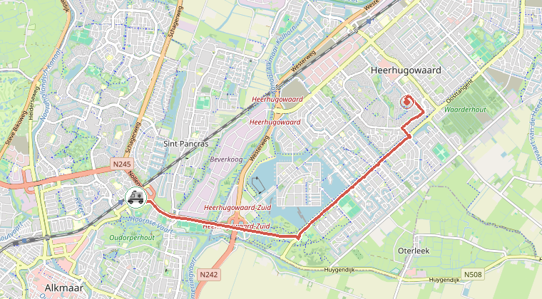 Kaart van de omgeving van de melding, met de kazerne die is gealarmeerd