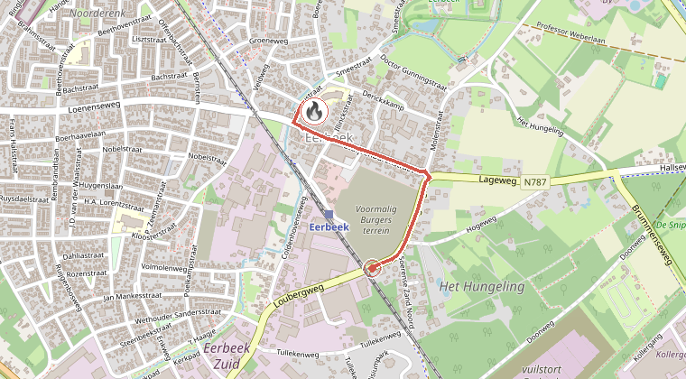 Kaart van de omgeving van de melding, met de kazerne die is gealarmeerd