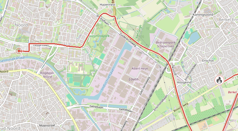 Kaart van de omgeving van de melding, met de kazerne die is gealarmeerd