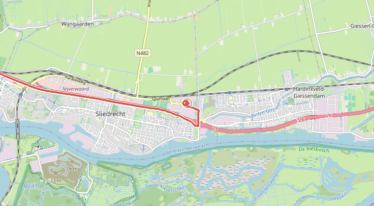 Kaart van de omgeving van de melding, met de kazerne die is gealarmeerd