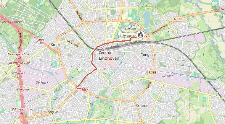 Kaart van de omgeving van de melding, met de kazerne die is gealarmeerd