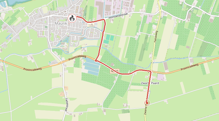 Kaart van de omgeving van de melding, met de kazerne die is gealarmeerd