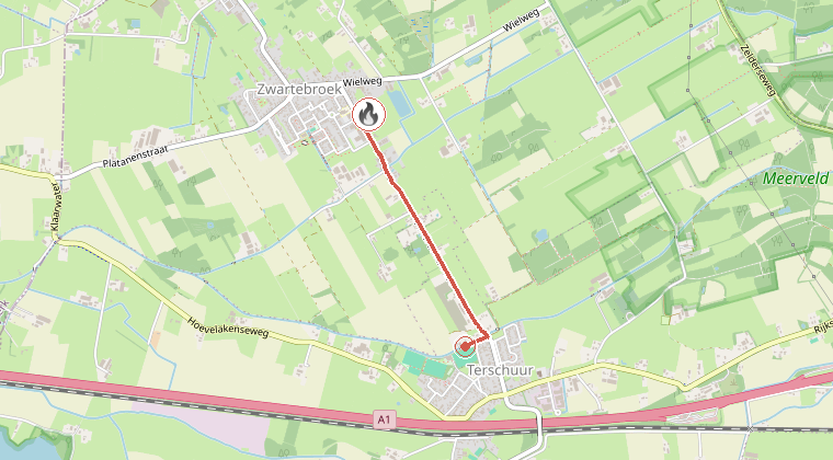 Kaart van de omgeving van de melding, met de kazerne die is gealarmeerd